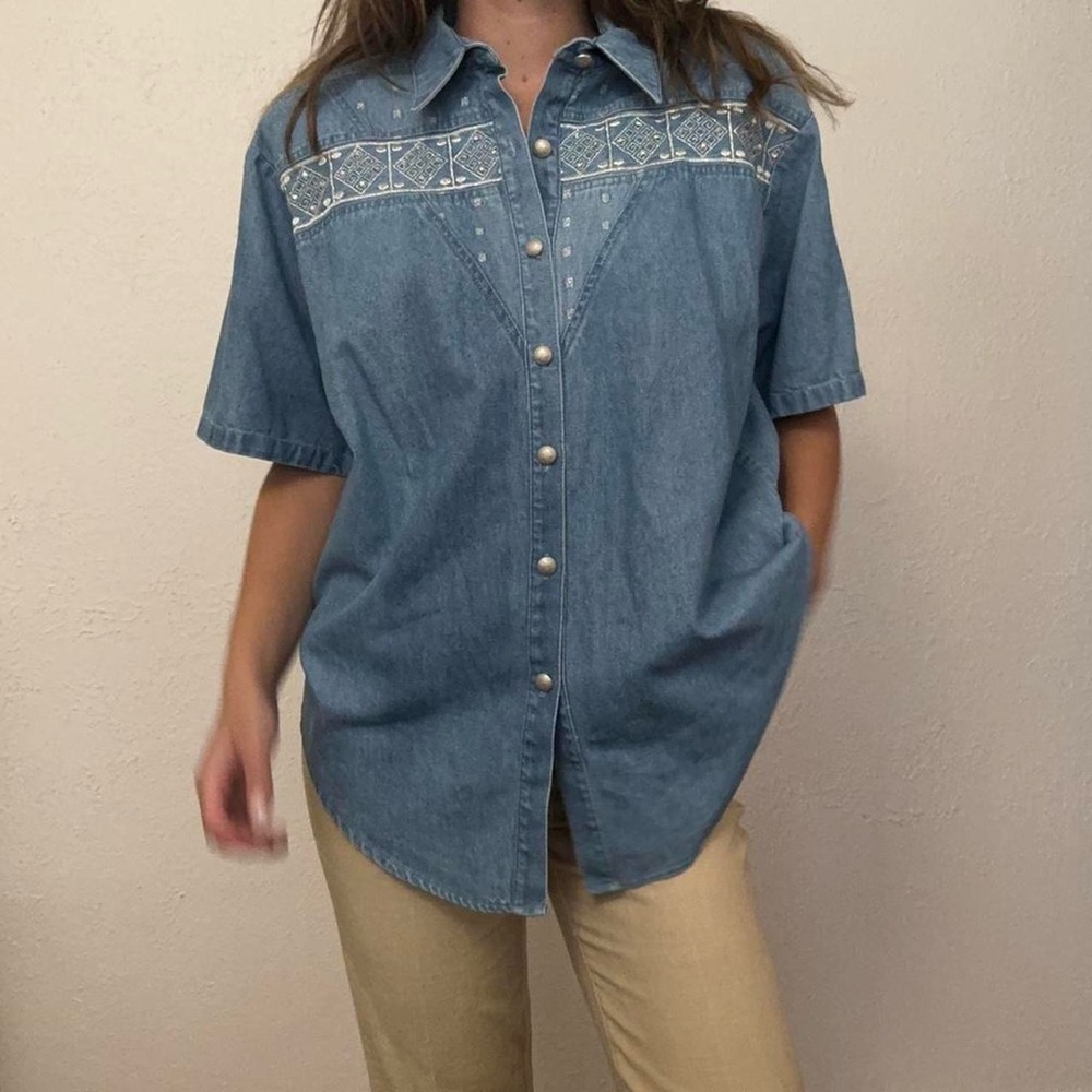 Vintage 80s Denim Short Sleeve Button Down with Metallic Detail